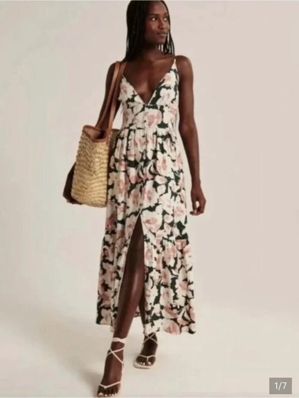 Abercrombie & Fitch Floral Maxi Slip Dress with Front Slit - Pink Floral